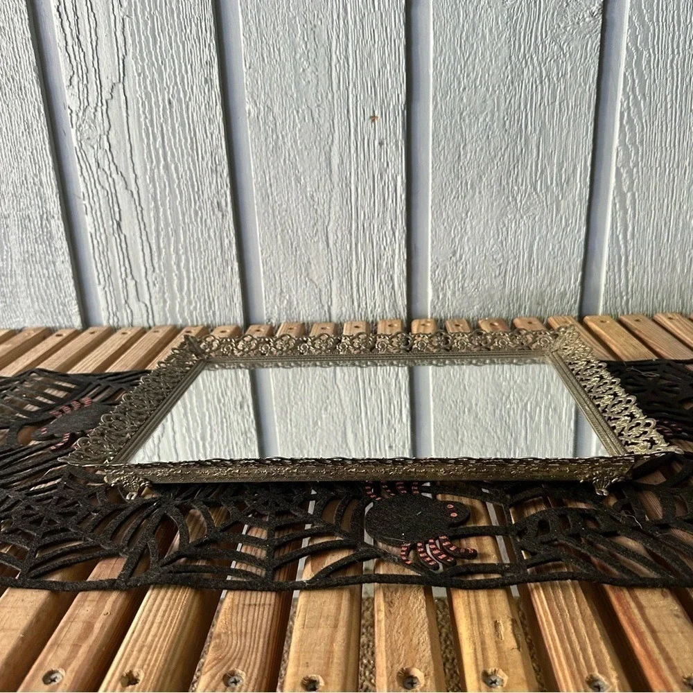 Vintage‎ Glass Vanity Mirror Tray Large Hollywood Regency Brass Mid Century MCM